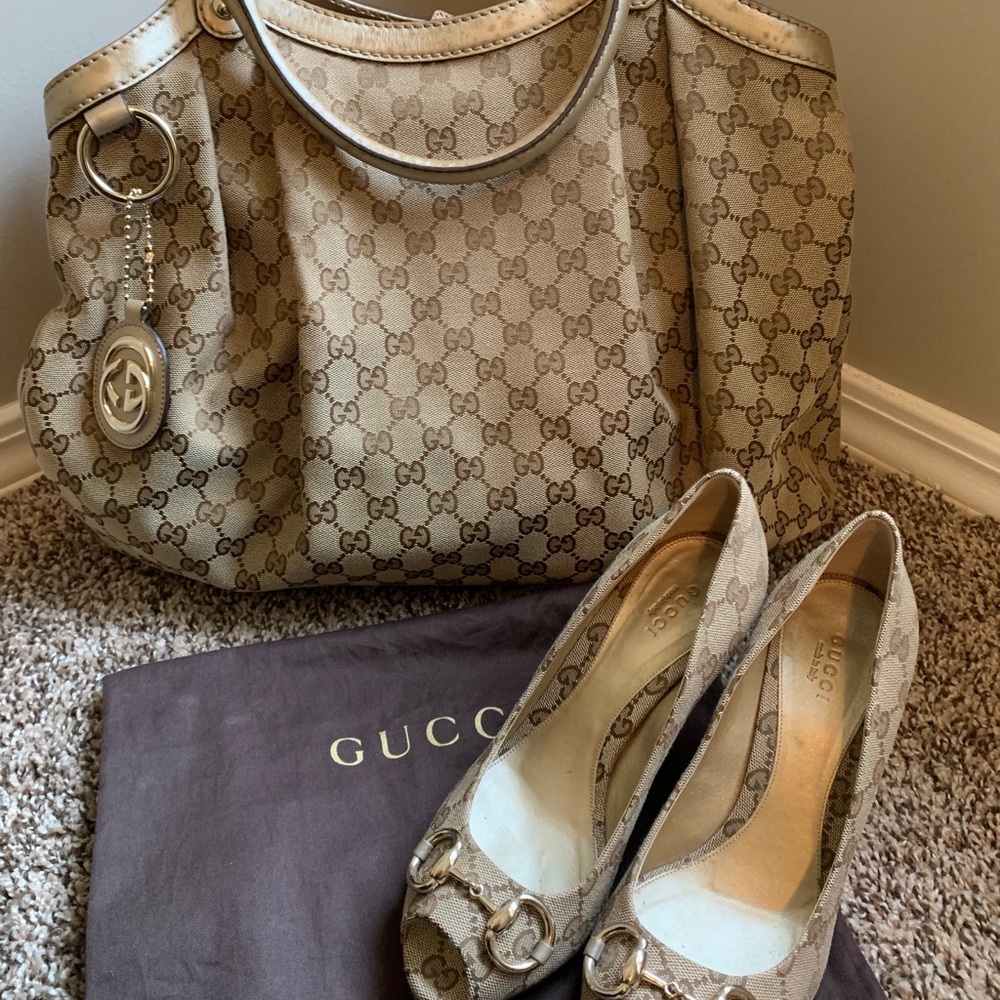 Gucci Beige GG Canvas and Leather Heels